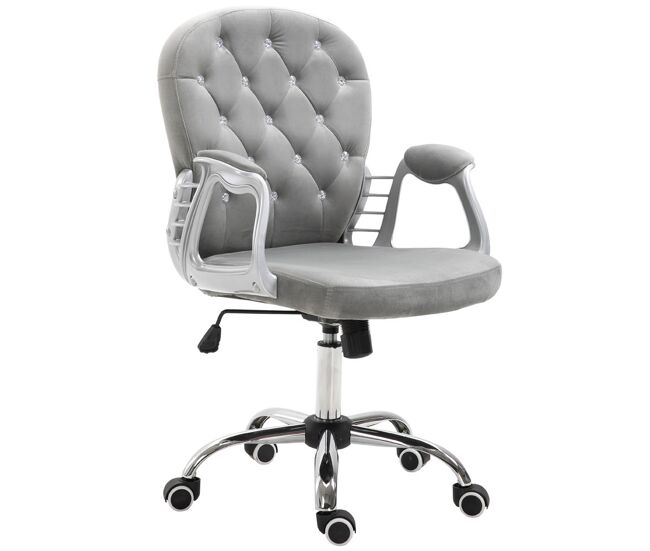 Vinsetto cadeira de escritório estofada em veludo cadeira giratória com altura ajustável apoio para os braços e decorações de cristal carga 120 kg cadeira para estudio dormitório 59,5x60,5x95-105 cm cinzenta