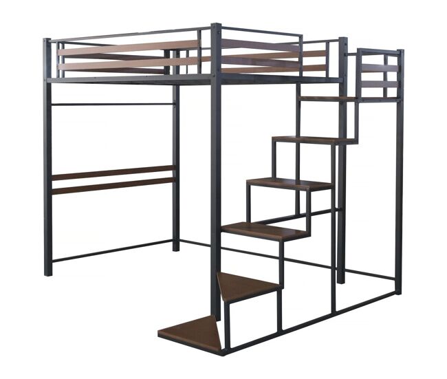Cama alta de metal com escada “lena” - 140 x 200 cm - noir e castanho nogueira