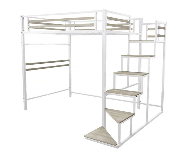 Cama alta de metal com escada “lena” - 140 x 200 cm - branco