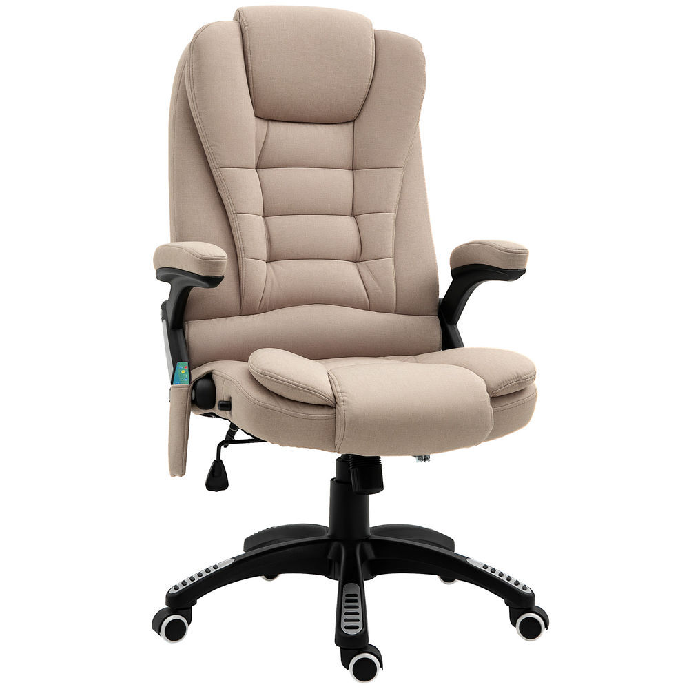 Vinsetto cadeira de massagem com 6 pontos de massagem cadeira de escritório reclinável até 130° com função de aquecimento altura ajustável e rodas para estúdio 68x72x110-120 cm marrom claro