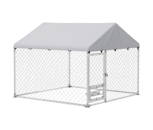 Pawhut canil exterior com toldo 2x2x1,54 m gaiola para cães em aço galvanizado com teto impermeável suporte para comida giratório e ajustável 2