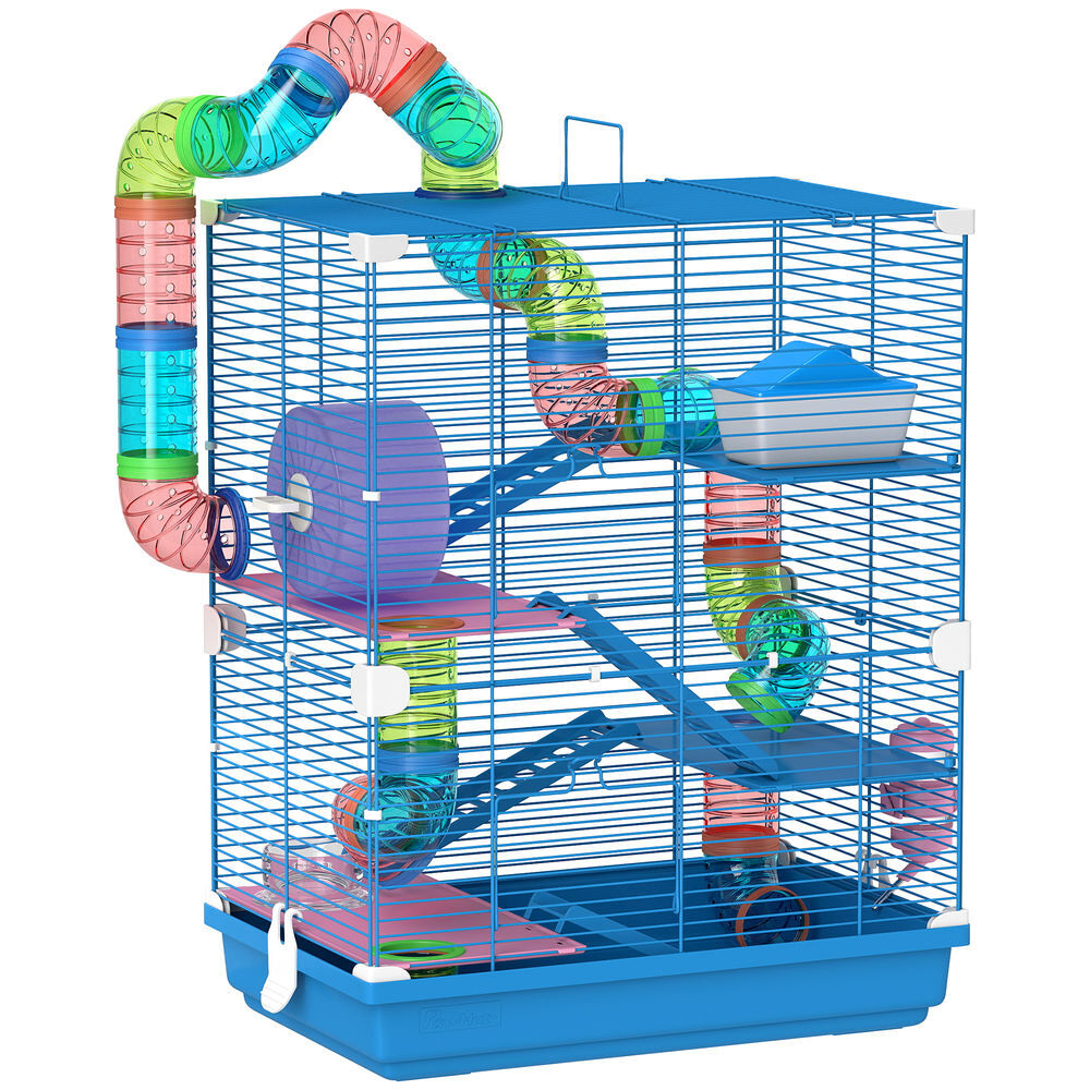 Pawhut - jaula para hamster de 5 níveis, casa para roedores pequenos com túnel, plataformas, tigela, bebedouro, casinha, rampas e roda de exercício,