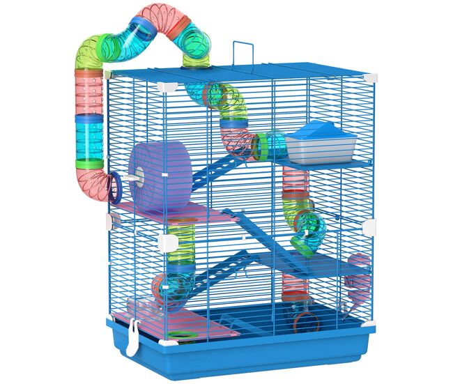 Pawhut - jaula para hamster de 5 níveis, casa para roedores pequenos com túnel, plataformas, tigela, bebedouro, casinha, rampas e roda de exercício,