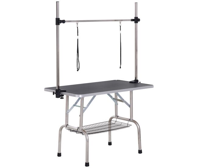 Pawhut mesa de tosquia para animais de estimação mesa de tosquia para cães dobrável com prateleira de armazenamento estrutura de aço e altura