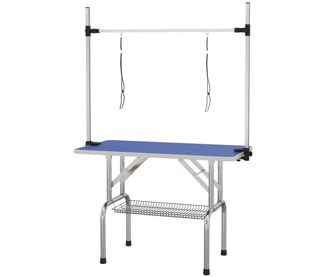 Pawhut mesa de tosquia para animais de estimação mesa de tosquia para cães dobrável com prateleira de armazenamento estrutura de aço e altura