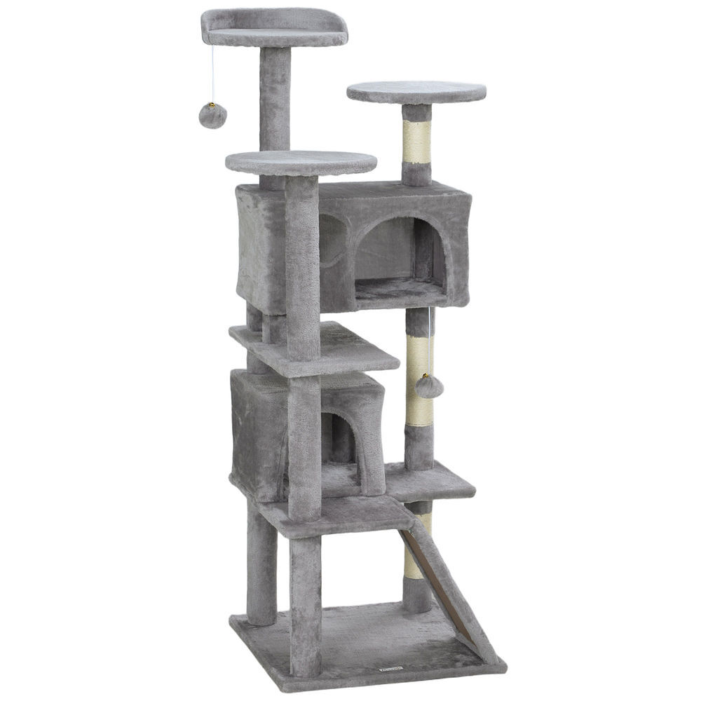 Pawhut arranhador para gatos altura 138 cm arranhador para gatos torre de escalada com postes arranhadores de sisal plataformas cavernas bolas pendentes e redes cinza claro