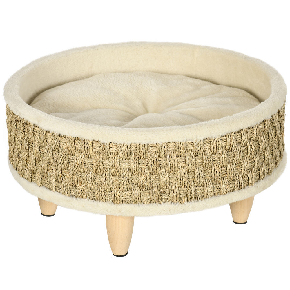 Pawhut cama elevada para gatos cama para cães miniatura com almofada lavável corda de seagrass estrutura de madeira e almofadas antiderrapantes sofá