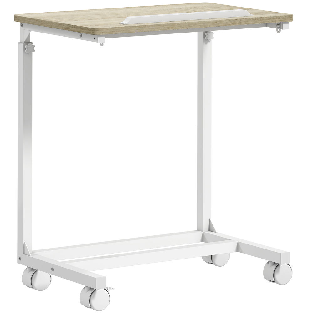 Homcom mesa auxiliar com rodas mesa para sofá com altura ajustável superfície inclinável e estrutura de metal para quarto sala e escritório 55x36x62,5