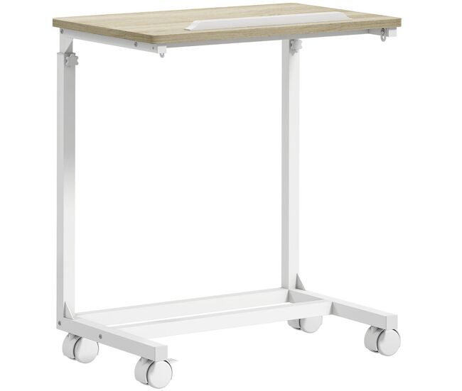 Homcom mesa auxiliar com rodas mesa para sofá com altura ajustável superfície inclinável e estrutura de metal para quarto sala e escritório 55x36x62,5