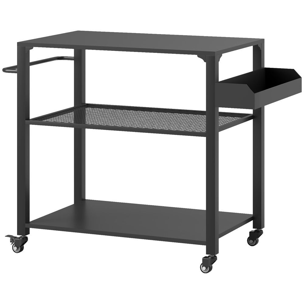 Outsunny carrinho de apoio para barbecue de 3 níveis carrinho de barbecue carrinho de serviço com 4 rodas prateleiras e puxador mesa de apoio para