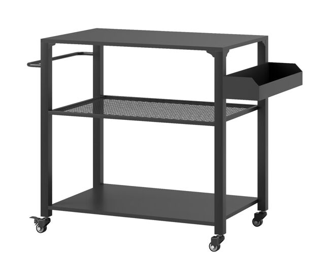 Outsunny carrinho de apoio para barbecue de 3 níveis carrinho de barbecue carrinho de serviço com 4 rodas prateleiras e puxador mesa de apoio para