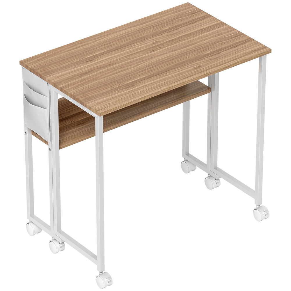 Homcom secretária dobrável com rodas e prateleira mesa secretária compacta com bolsa de armazenamento mesa para computador portátil para casa