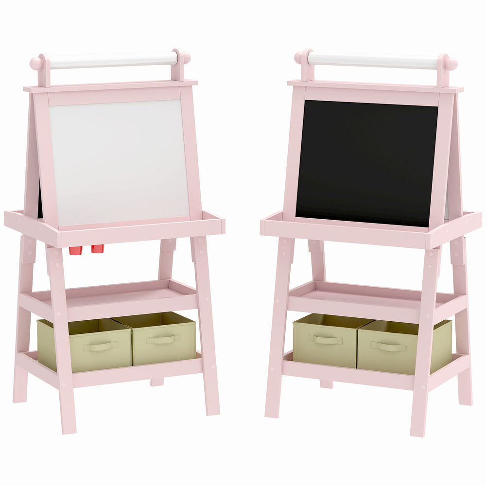 Aiyaplay quadro infantil cavalete de pintura infantil 3 em 1 quadro magnético dupla face com rolo de papel e cestos de arrumação rosa