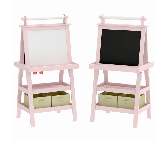 Aiyaplay quadro infantil cavalete de pintura infantil 3 em 1 quadro magnético dupla face com rolo de papel e cestos de arrumação rosa