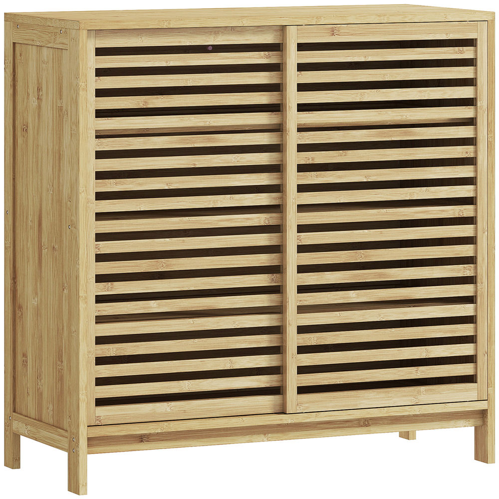 Homcom armário de casa de banho em bambu móvel de casa de banho com 2 portas de correr desenho com ripas 4 prateleiras móvel auxiliar de arrumação para cozinha sala de estar 80x34x80 cm madeira