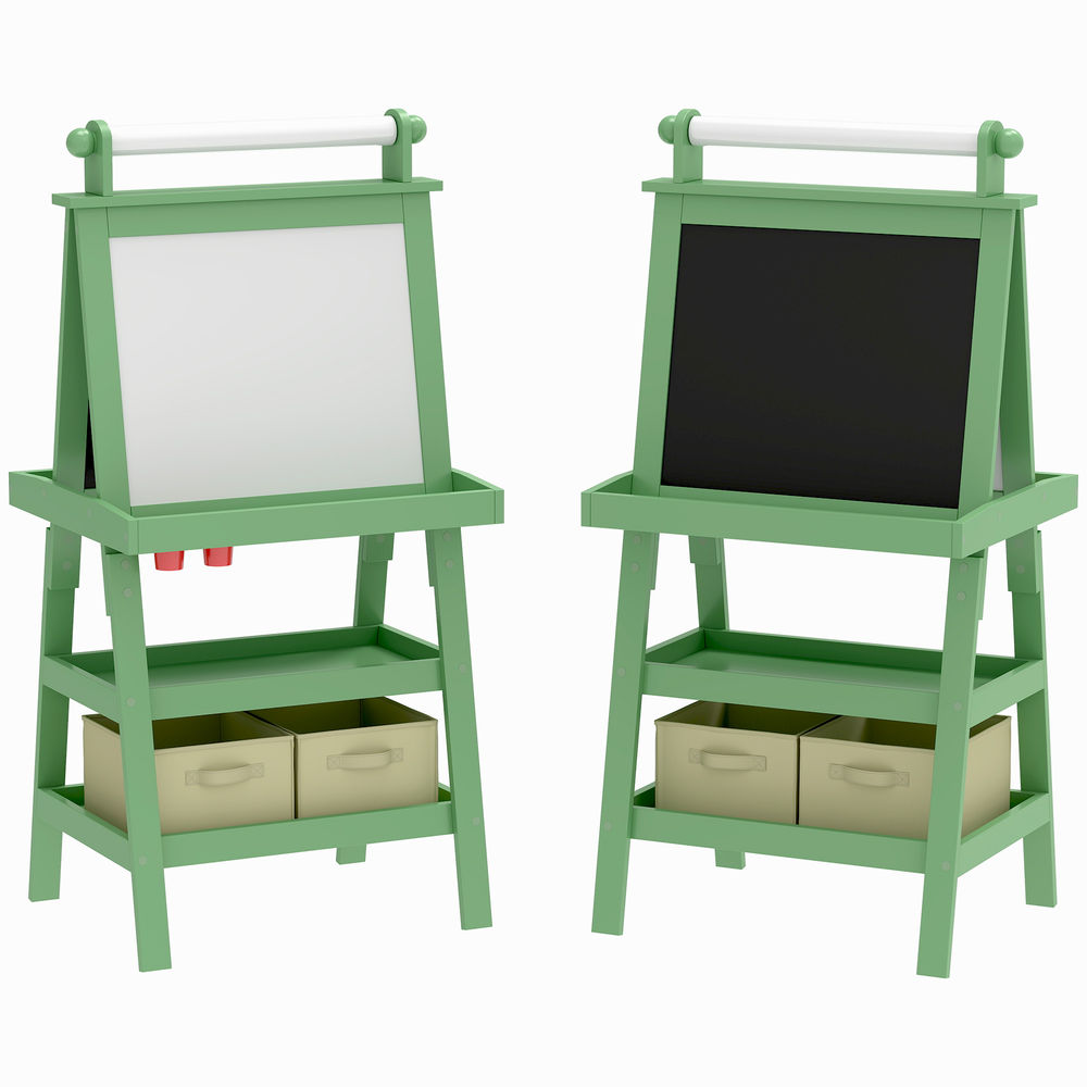 Aiyaplay quadro infantil cavalete de pintura infantil 3 em 1 quadro magnético dupla face com rolo de papel e cestos de arrumação verde