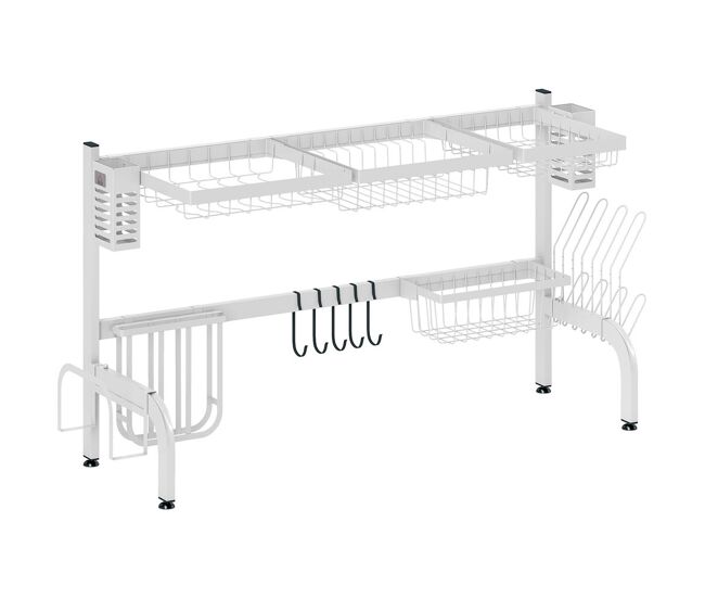 Homcom escorredor de louça de aço escorredor de pratos de 2 níveis com prateleira para pratos suporte para facas e talheres 100x30x54,5 cm branco