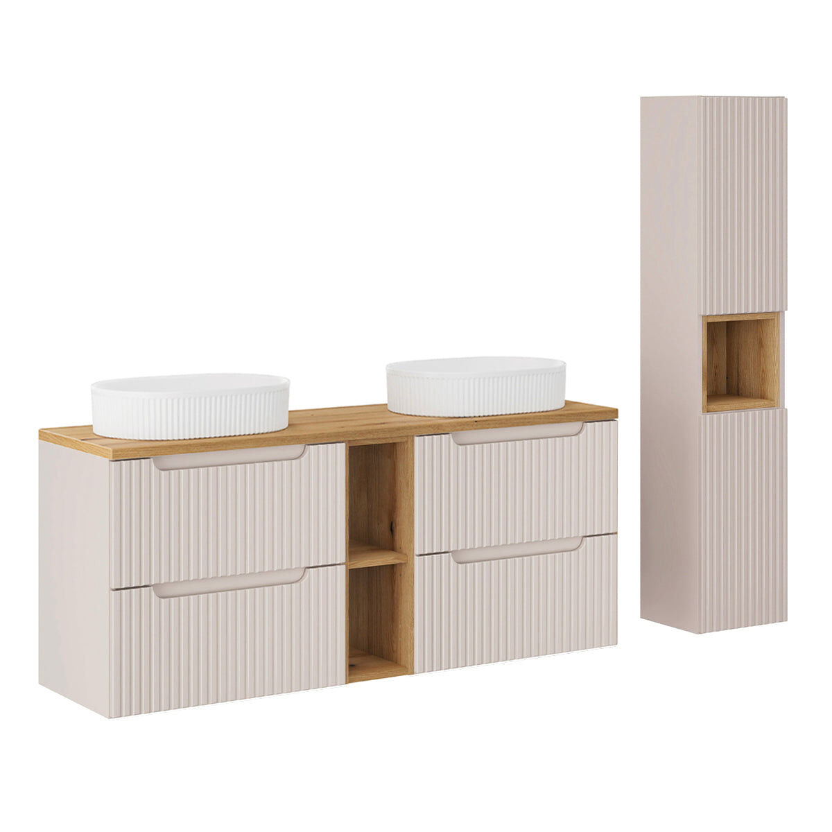 Móvel de lavatório duplo 140cm 4 gavetas 2 nichos e enceinte riva cashmere e madeira