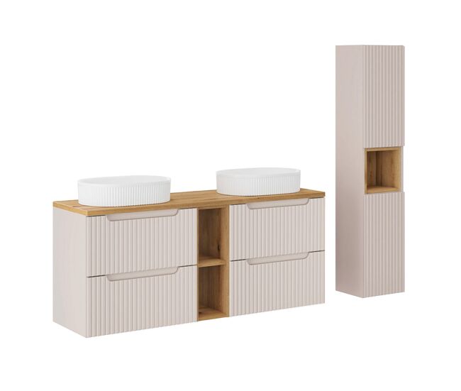 Móvel de lavatório duplo 140cm 4 gavetas 2 nichos e enceinte riva cashmere e madeira