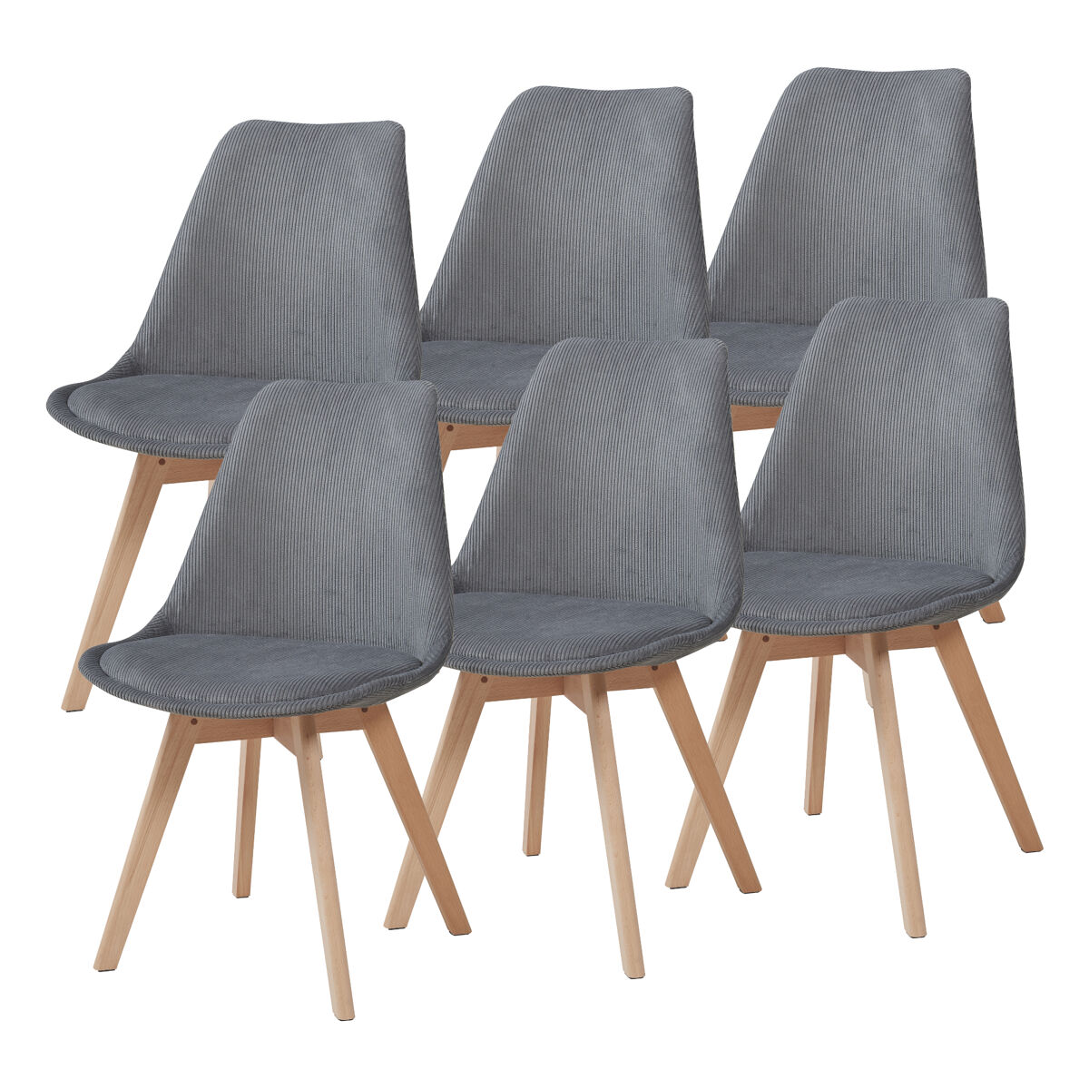 Conjunto de 6 cadeiras de jantar fläten veludo cotelê e pernas de faia 82x49x54cm cinzento [en.casa]