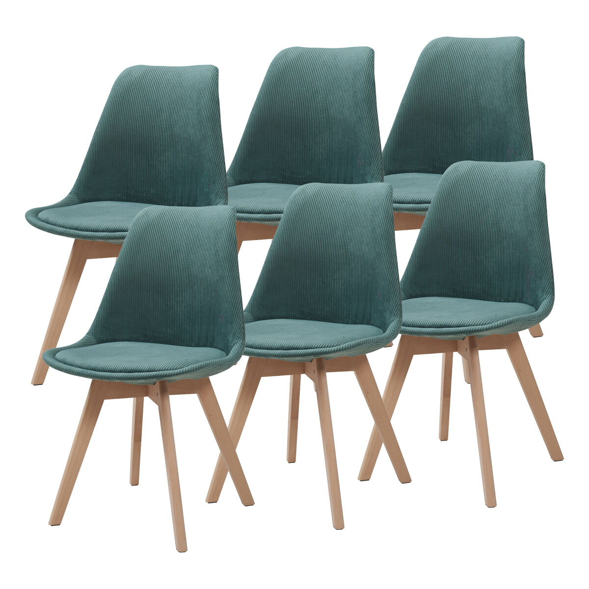 Conjunto de 6 cadeiras de jantar fläten veludo cotelê e pernas de faia 82x49x54cm verde escuro [en.casa]
