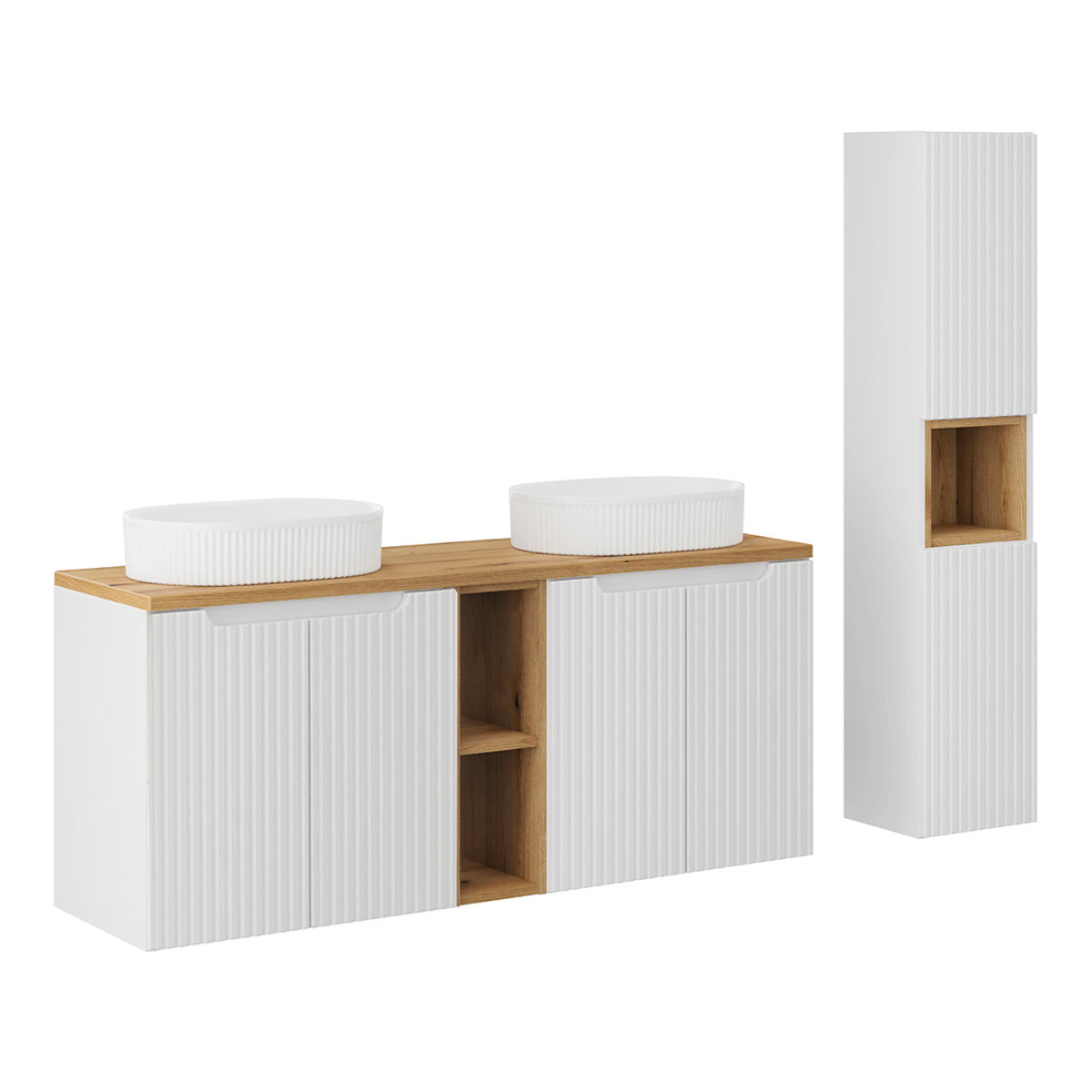 Conjunto móvel lavatório duplo 140cm 4 portas 2 nichos e enceinte riva blanc e madeira