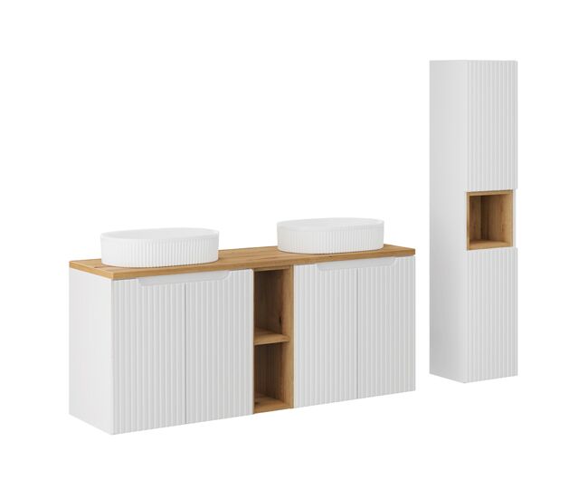 Conjunto móvel lavatório duplo 140cm 4 portas 2 nichos e enceinte riva blanc e madeira