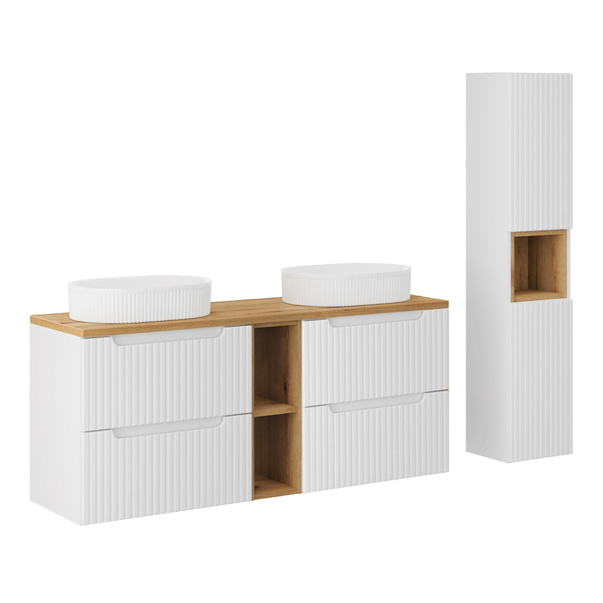 Conjunto móvel lavatório duplo 140cm 4 gavetas 2 nichos e enceinte riva blanc e madeira