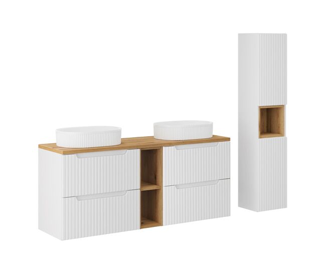 Conjunto móvel lavatório duplo 140cm 4 gavetas 2 nichos e enceinte riva blanc e madeira