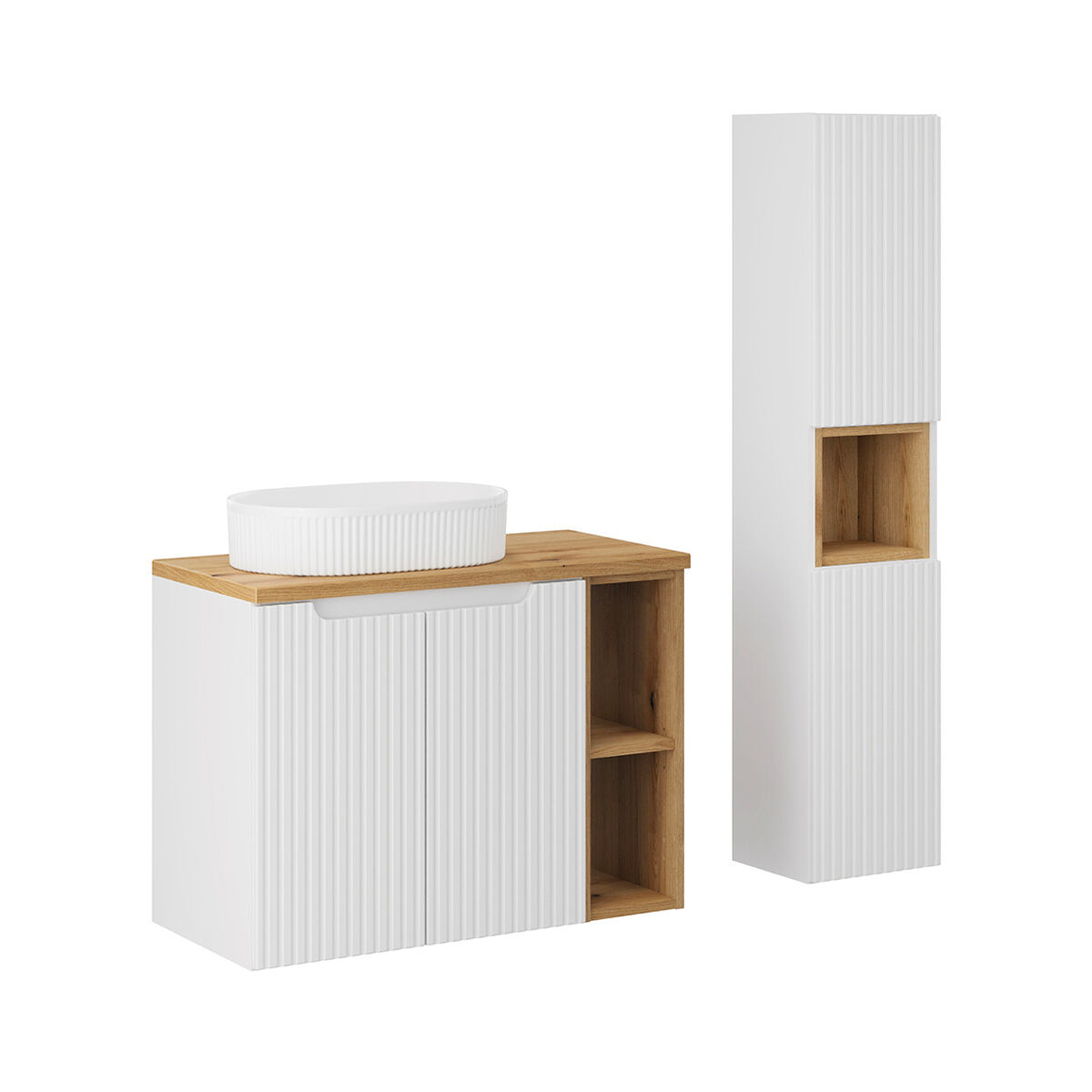 Conjunto móvel lavatório simples 80cm 2 portas 2 nichos e enceinte riva blanc e madeira