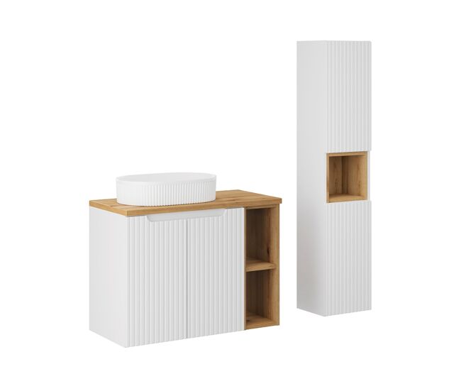 Conjunto móvel lavatório simples 80cm 2 portas 2 nichos e enceinte riva blanc e madeira