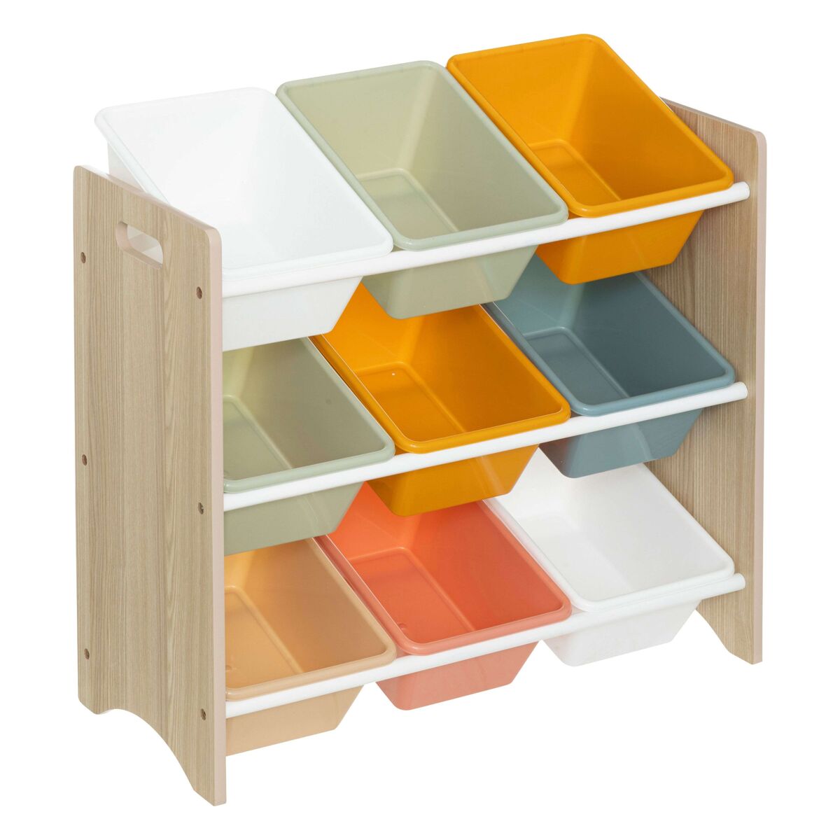 Étagère infantil com 9 bandejas play, móveis infantis para quarto e sala de jogos, blanc e carvalho, 60x66x30 cm