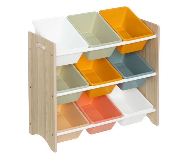 Étagère infantil com 9 bandejas play, móveis infantis para quarto e sala de jogos, blanc e carvalho, 60x66x30 cm