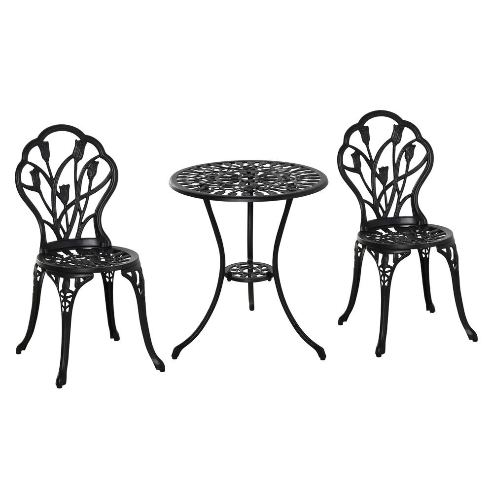 Outsunny conjunto de mesa e cadeiras de exterior de 3 peças móveis de jardim de alumínio com encosto com padrão de tulipa e mesa com orifício para chapéu de sol preto