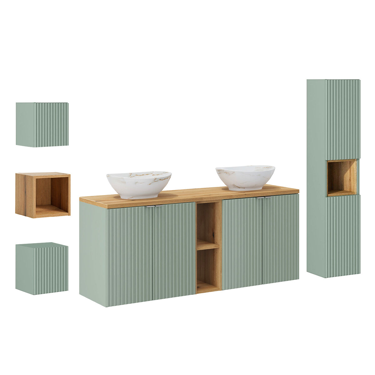Móvel de lavatório duplo 140cm 4 portas 2 nichos e 3 armários de parede verde jade e madeira