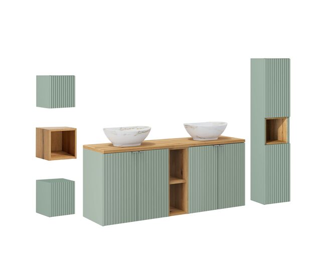 Móvel de lavatório duplo 140cm 4 portas 2 nichos e 3 armários de parede verde jade e madeira