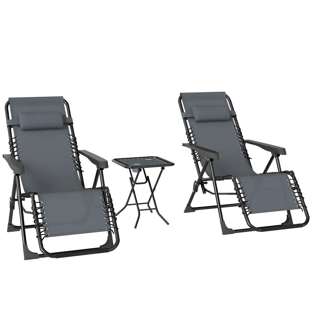Outsunny conjunto de 2 espreguiçadeiras jardim dobráveis com mesa auxiliar porta-copos espreguiçadeiras de gravidade zero com encosto ajustável apoios de braço removíveis para pátio piscina cinza