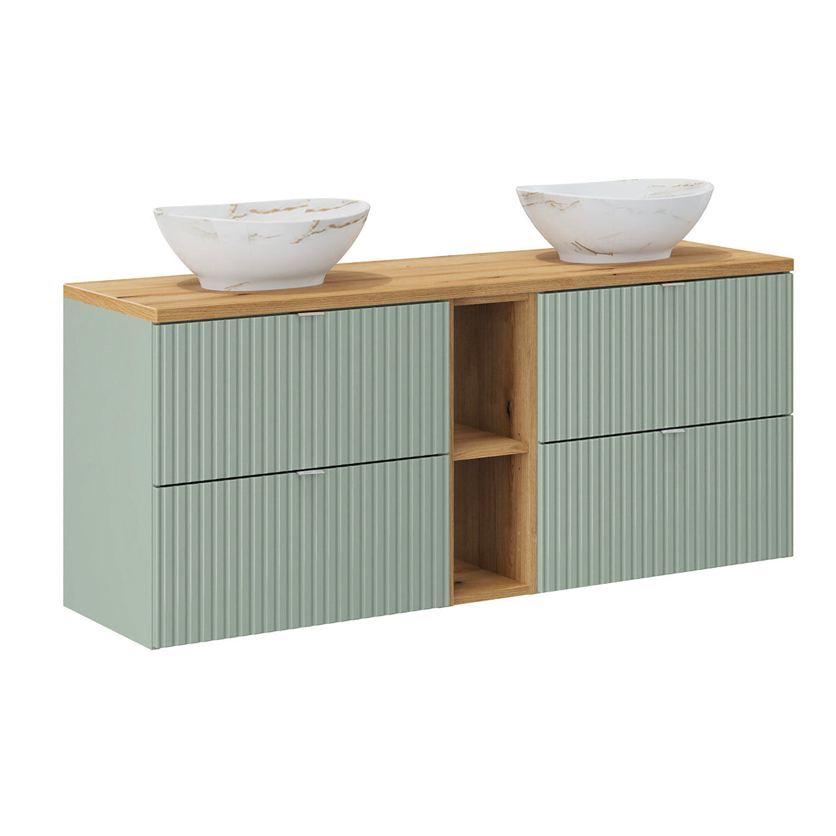 Lavatório duplo 140cm 4 gavetas 2 nichos verde jade e madeira