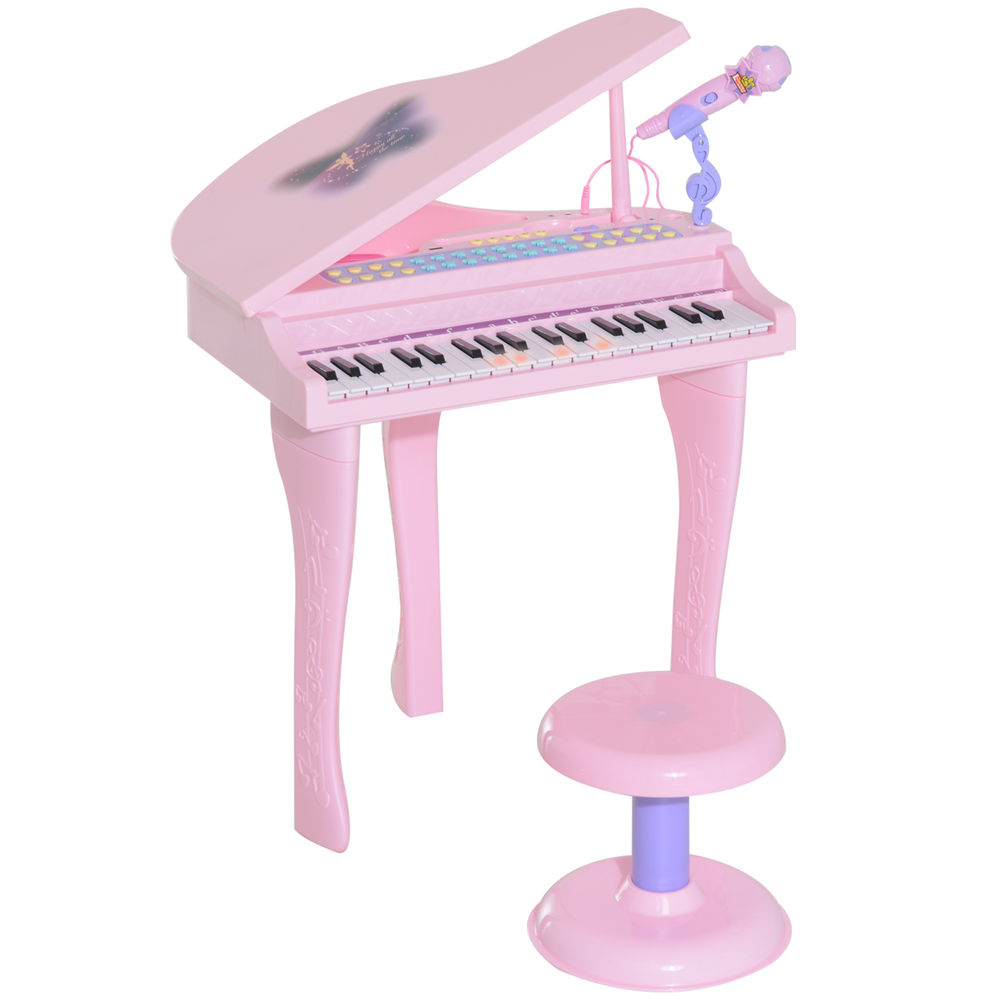 Homcom piano para crianças com 37 teclas piano infantil com microfone banco luzes 22 músicas e entrada para mp3 e usb 48x39x69 cm rosa