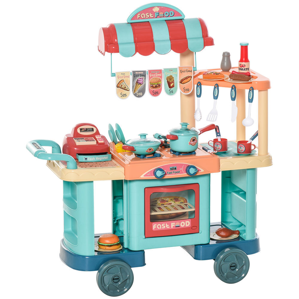 Homcom cozinha de brinquedo para crianças de 3 a 6 anos cozinha infantil com rodas caixa registradora e acessórios para cozinhar 79,5x33x90,5 cm