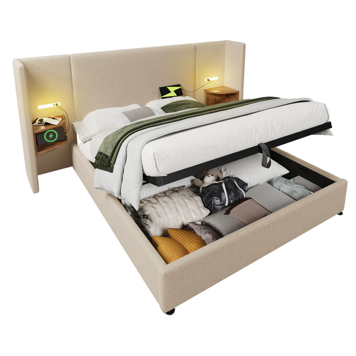 Cama de casal de linho 180x200cm com armazenamento e luz led,bege