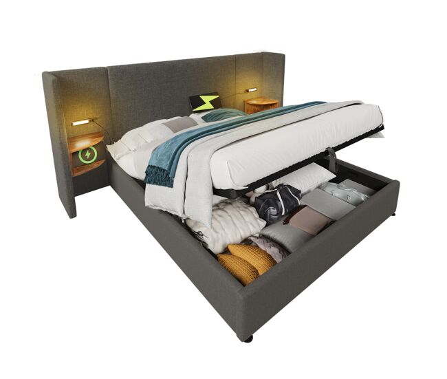 Cama de casal de linho 180x200cm com armazenamento e luz led,cinzento