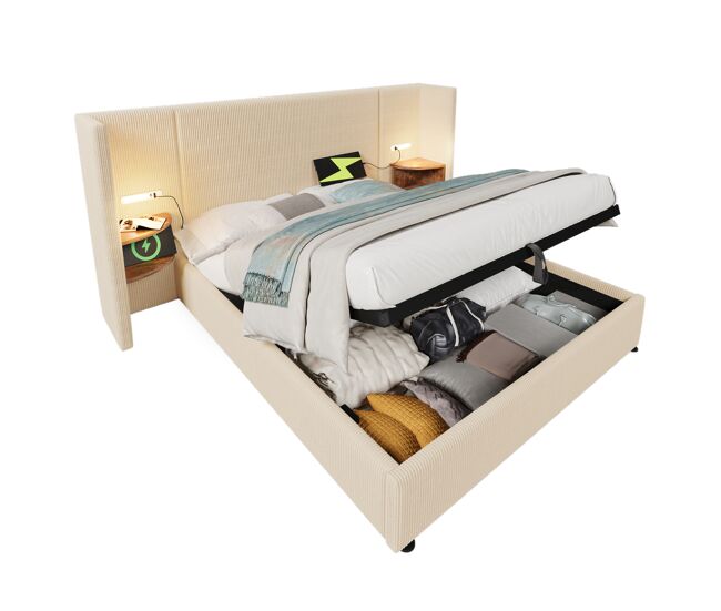 Cama de casal de bombazina 160x200cm com armazenamento e luz led,bege
