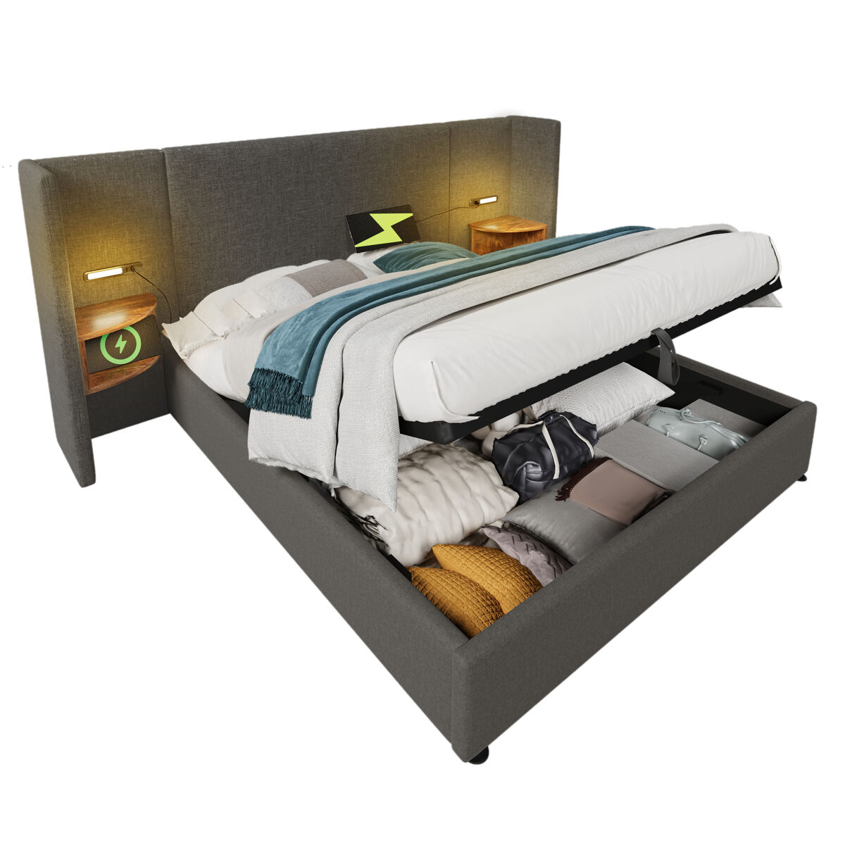 Cama de casal de linho 160x200cm com armazenamento e luz led,cinzento