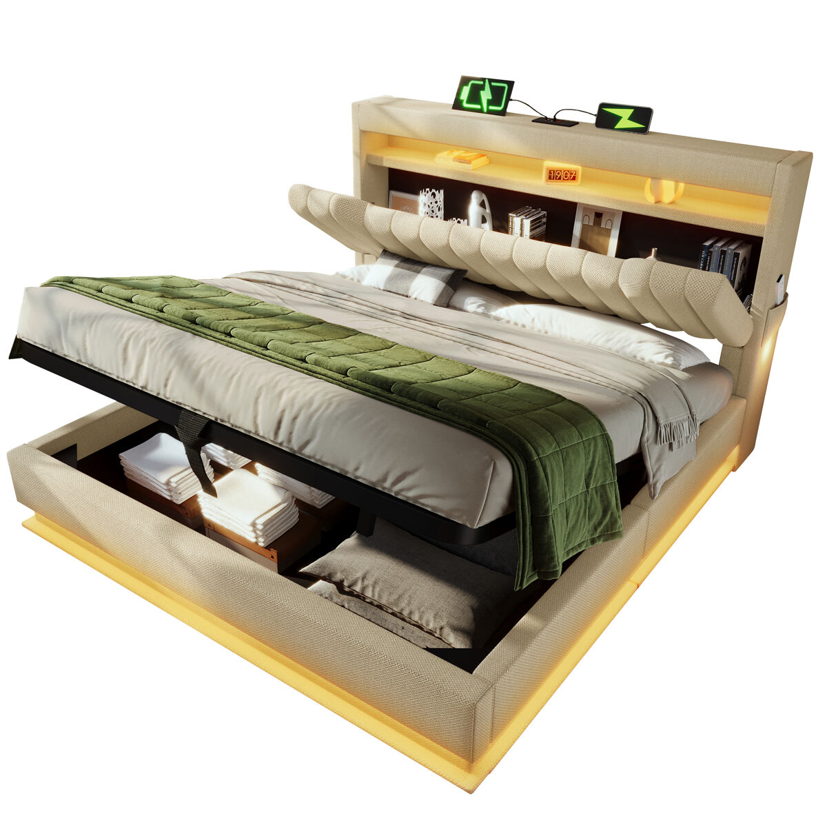 Cama de casal de linho 180x200cm com armazenamento e luz led,bege
