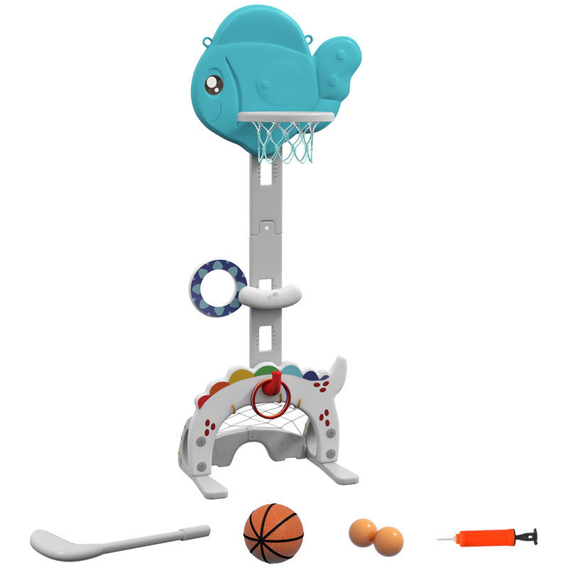 Aiyaplay cesta de basquetebol infantil 5 em 1 cesta de basquetebol para enfants com altura ajustável com tema peixe doré futebol golf jogo de lançamento de bola para interior multicolorido