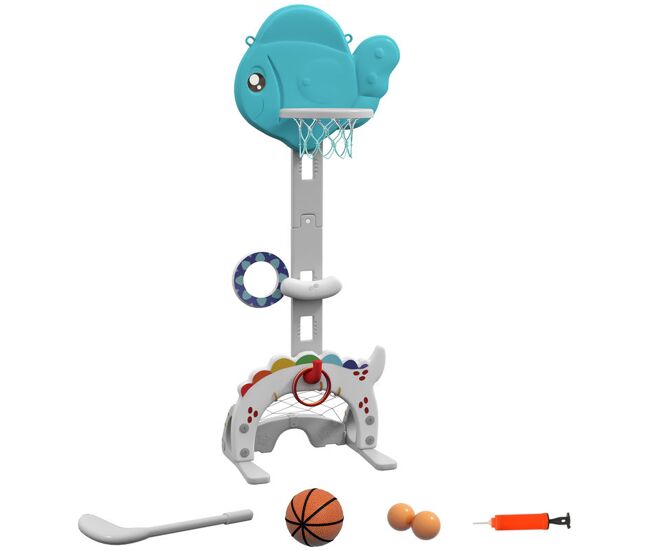 Aiyaplay cesta de basquetebol infantil 5 em 1 cesta de basquetebol para enfants com altura ajustável com tema peixe doré futebol golf jogo de lançamento de bola para interior multicolorido