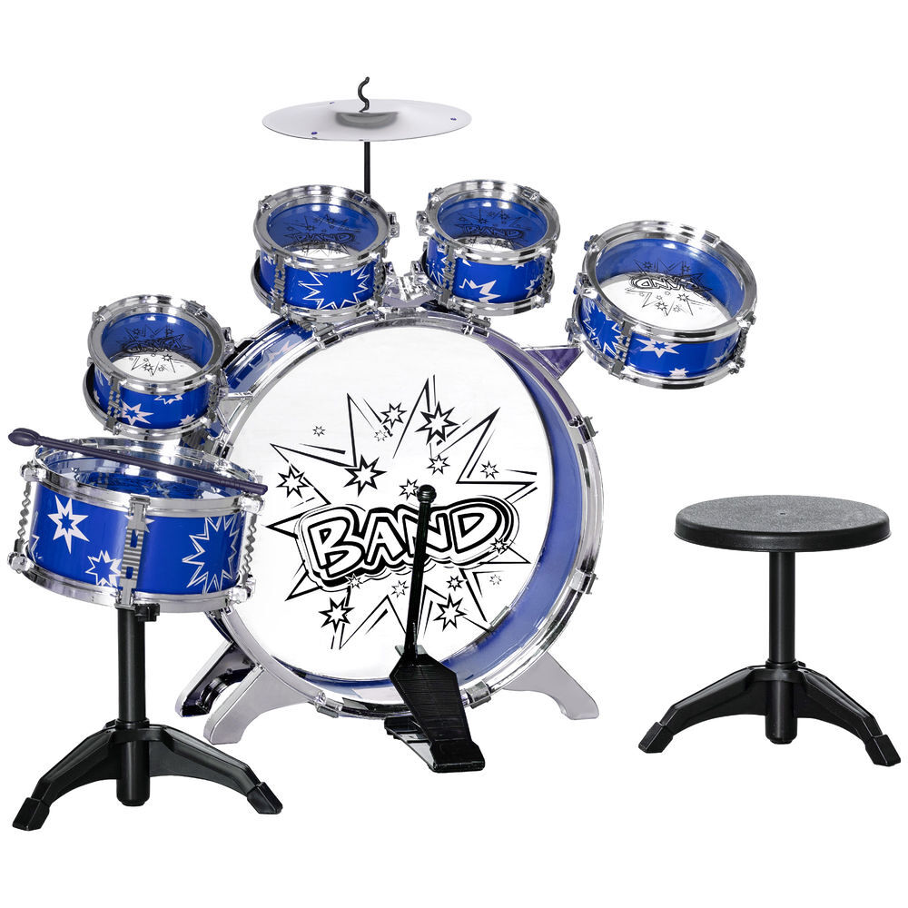 Aiyaplay bateria infantil com banco bateria para crianças acima de 3 anos com tambores pedal e baqueta desenho com tema de estrelas 65x22x57 cm azul
