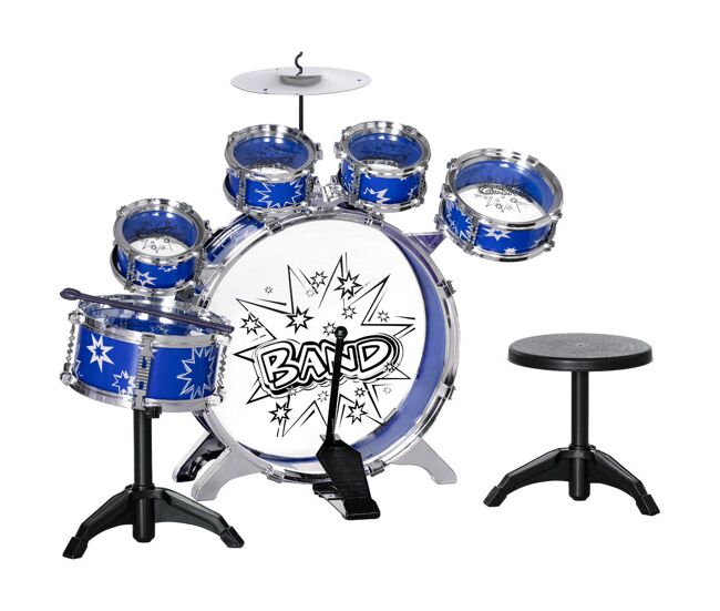 Aiyaplay bateria infantil com banco bateria para crianças acima de 3 anos com tambores pedal e baqueta desenho com tema de estrelas 65x22x57 cm azul