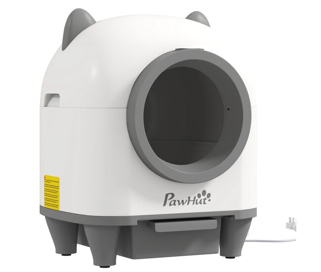 Pawhut caixa de areia autolimpante para gatos 80l caixa de areia autolimpante eliminação de odores controlo por app proteção de segurança 1 rolo de sacos do lixo 55,5x51x60 cm blanc